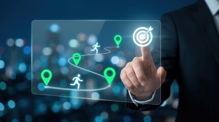 Fototapeta premium A running figure embarks on a journey along a connected path with milestones toward a glowing target icon, symbolizing business achievement.