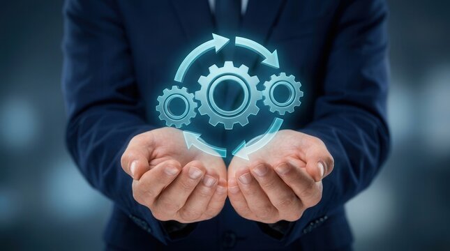 Businessperson's hands present interlocking gears and arrow icons, symbolizing change management, process alignment, and operational transformation for business success.