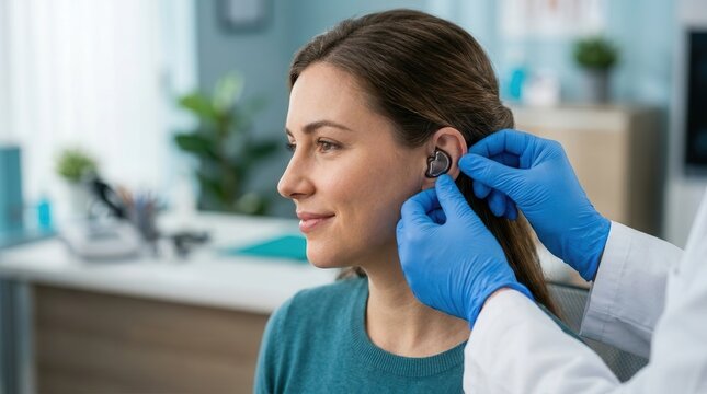 An audiologist expertly fits an in-ear hearing aid during a comprehensive hearing test treatment.