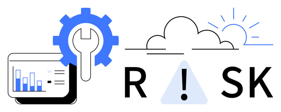 Risk management, business analysis, cybersecurity, cloud services, problem-solving, strategic planning. Gear, wrench cloud outline bar chart and risk text with exclamation. Risk management