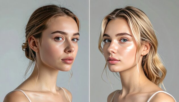 A split-screen portrait showcases two young women with natural makeup and hairstyles, highlighting their beauty and serene expressions against a soft, neutral background.