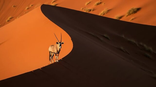 Solitary gemsbok oryx standing on a steep sand dune ridge in a minimalist desert landscape
