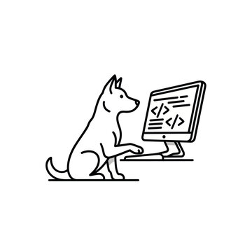 Dog working on computer coding programming illustration.