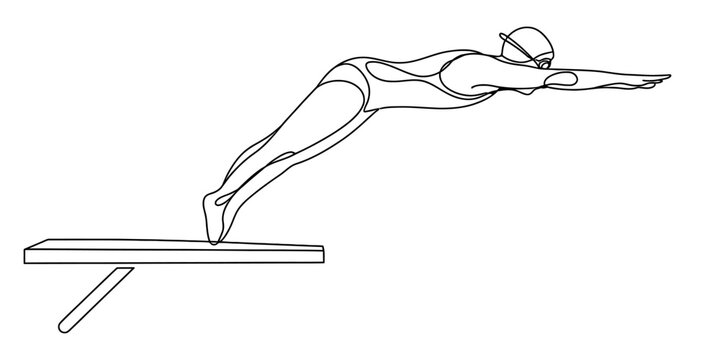 A simple black and white line drawing of a swimmer diving gracefully from a starting block platform Vector, illustration