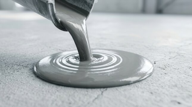 Pouring wet cement patch directly into a floor crack, essential for concrete repair and surface restoration.