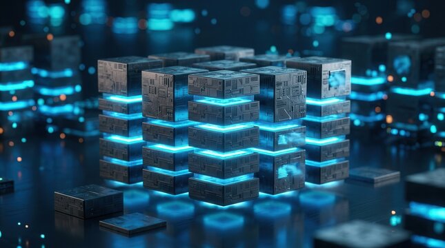 Visualizing database migration with glowing server-like blocks, illustrating data flow and cloud transfer.