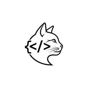 Coding Cat Logo Design Minimalist Vector Art.