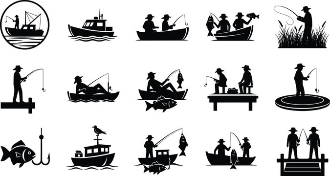Fishing silhouette illustration, fisherman vector artwork, boat dock shore design, angler graphic symbol, fishing rod artwork, outdoor leisure illustration