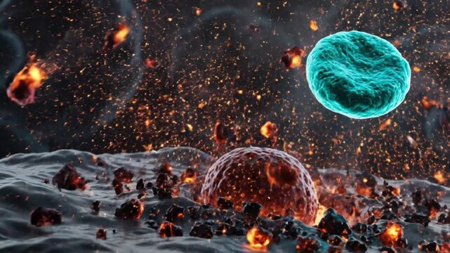 Microscopic view of a blue immune cell attacking a large orange cancer cell in 3D animation