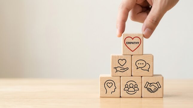 A hand places a wooden block with an empathy icon on a stack, symbolizing emotional intelligence and soft skill development in the workplace, with ample copy space.