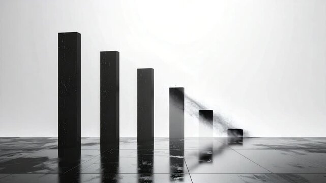 Abstract dark bars decrease in size, fading into dust against a white backdrop