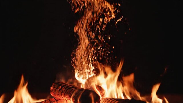 Vibrant orange yellow flames dance wildly over burning wood embers in pitch black darkness night close-up fiery glow