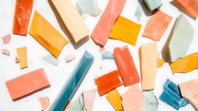 A colorful assortment of broken crayons scattered on a white surface