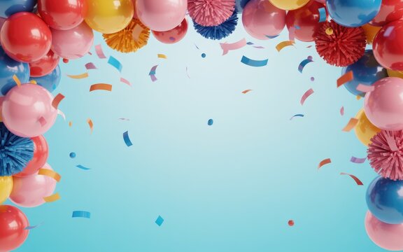 Colorful balloons and confetti on blue background for celebration