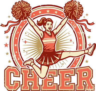 Vintage Retro Cheerleader Jumping with Pom Poms &mdash; Cheer Squad Spirit Badge Illustration