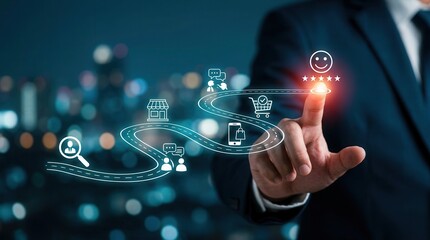 Obraz premium Enhancing customer satisfaction through a comprehensive digital experience, guiding the user along a data-driven customer journey.