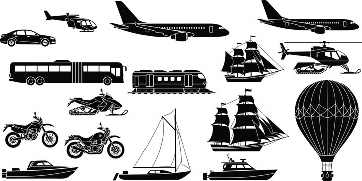 Transportation silhouette illustration, vehicle vector artwork, land air water travel design, car bus train ship airplane helicopter graphic symbol