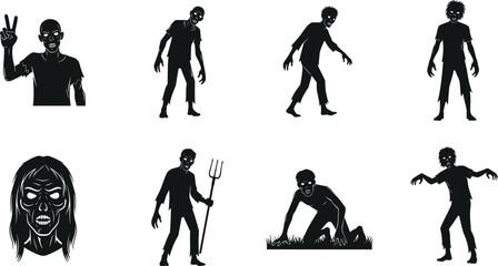 Fototapeta premium Zombie silhouette illustration, horror vector artwork, undead design symbol, Halloween graphic artwork, creepy monster icon set, walking dead illustration