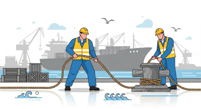 Two Dockworkers Handling Mooring Lines On Quay.