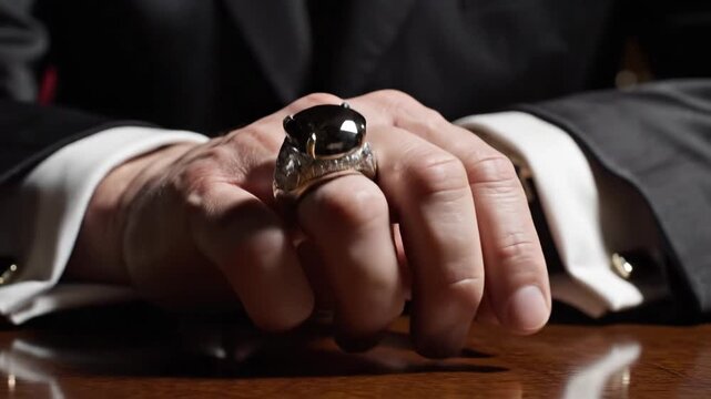 Man's Hand Displaying a Royal Signet Ring with Black Diamond