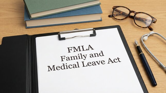 Words &ldquo;FMLA Family and Medical Leave Act" written on paper with a stethoscope and books on desk