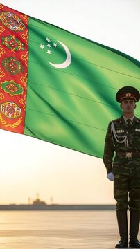Young male soldier in camouflage uniform guarding a Central Asian national flag