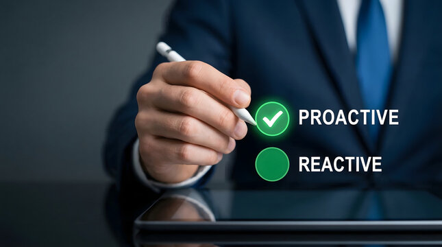 Businessman hand selecting proactive option on digital tablet in dark office emphasizing strategy