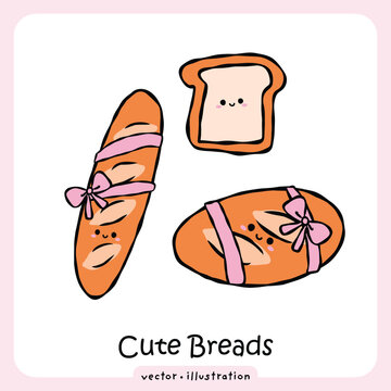 Cute Bread Doodle Vector Illustration Bakery Baked Goods Cartoon Style