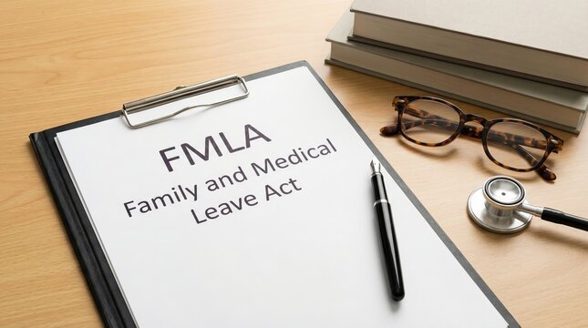 Words &ldquo;FMLA Family and Medical Leave Act" written on paper with a stethoscope and books on desk