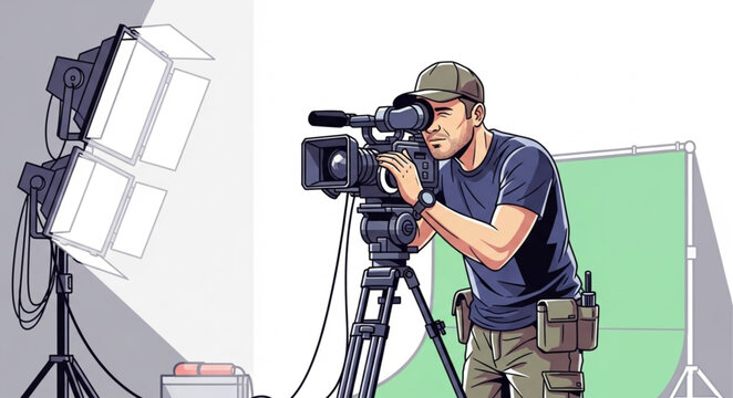 Male videographer operating professional video camera on tripod.