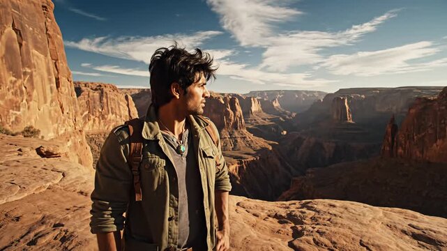 Man with backpack gazing at scenic vista in the canyon