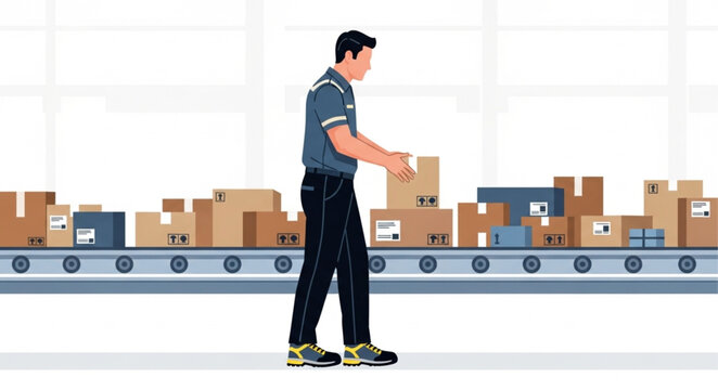 Male Warehouse Worker Walking Along Assembly Line.