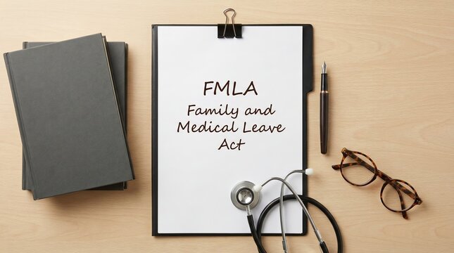 Words &ldquo;FMLA Family and Medical Leave Act" written on paper with a stethoscope and books on desk
