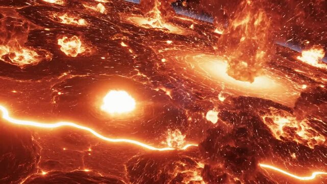 Close-up aerial view of glowing lava streams erupting from volcanic fissures across rugged terrain under fiery orange sky