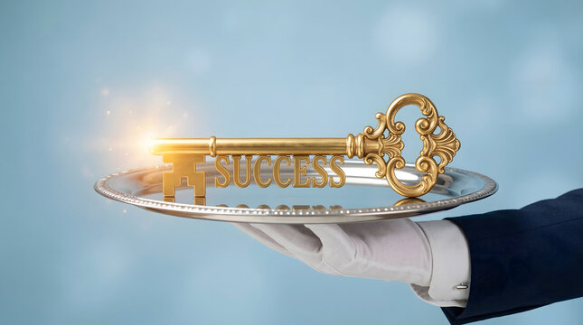 Professional gloved hand presents a gleaming golden ornate success key on a polished silver platter 