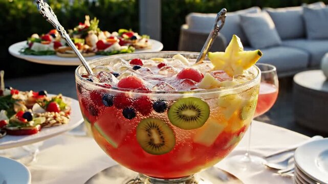Ladle pours refreshing fruit punch with dry ice and fresh fruit