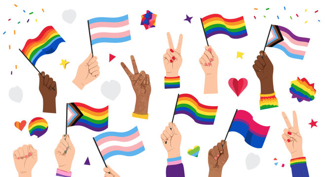 Collection of diverse hands holding pride flags and symbols