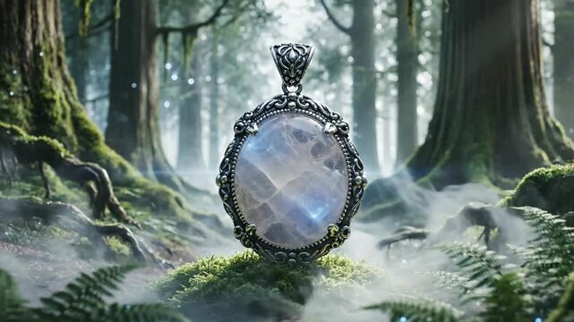 Moonstone amulet shimmering in a mystical, enchanting forest.