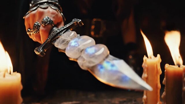 Mystic's Hand Holding Moonstone Dagger in Candlelight