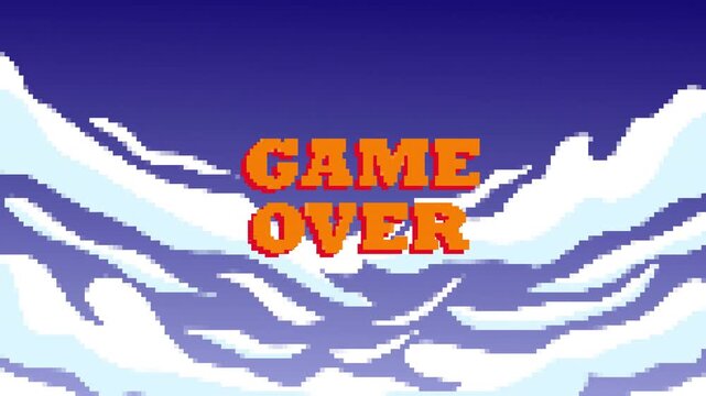 Retro 8 Bit Game Over Screen Animation with Pixel Art Background