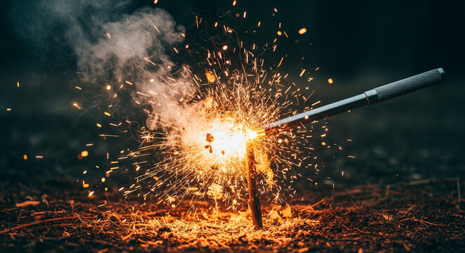 Vital heat generation with ferro rod sparks and smoking tinder fragments