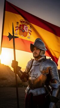 Spanish Conquistador in Full Plate Armor Holding Halberd with National Flag at Sunset