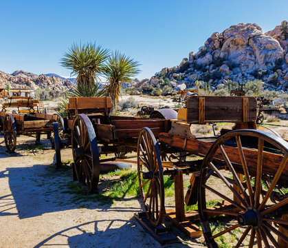Old Wooden Buckboard Wagons at The Historic Keys Ranch , Joshua Tree National Park, California, USA