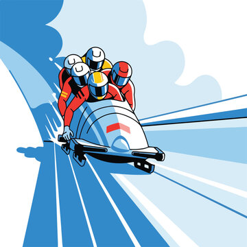 A team of five athletes racing down a snowy ice track