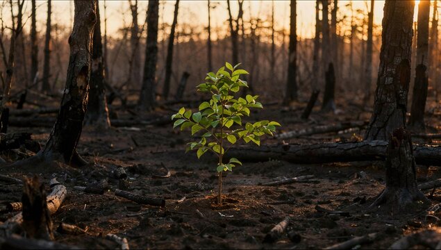 A young green tree grows resiliently in a dark burnt forest landscape with charred logs and stumps under a sunset glow.