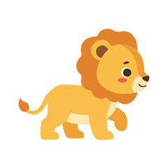 Obraz premium Cute kawaii lion walking side view flat vector illustration, Cartoon lion cub character with brown mane isolated, Minimalist jungle king mascot