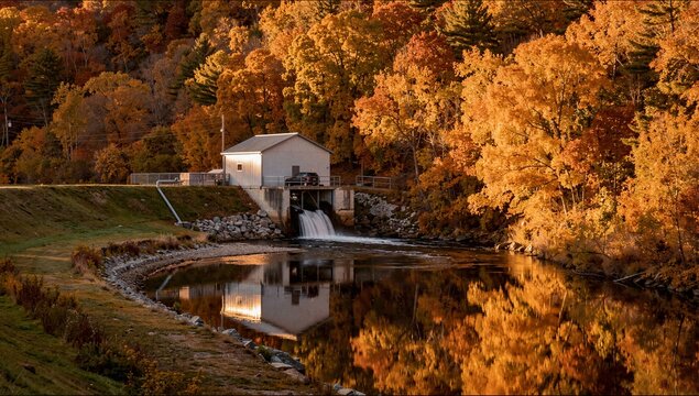 A small hydroelectric power station sits by a reflective river surrounded by vibrant orange and yellow autumn trees in a serene forest landscape.