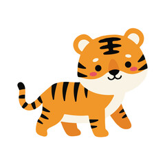 Fototapeta premium Cute kawaii tiger walking side view flat vector illustration, Cartoon tiger character profile isolated on white, Minimalist wild cat mascot for kids