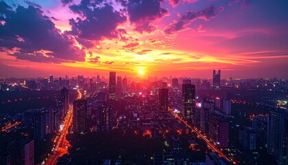 Obraz premium City skyline ablaze with vibrant sunset hues, illuminating skyscrapers and clouds