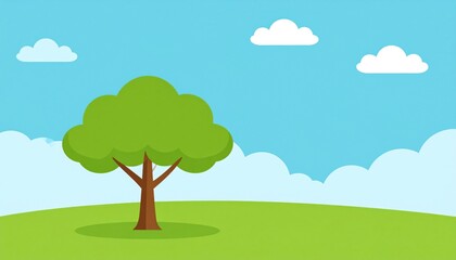 Fototapeta premium Simple cartoon landscape featuring a green tree on grass with blue sky and white clouds